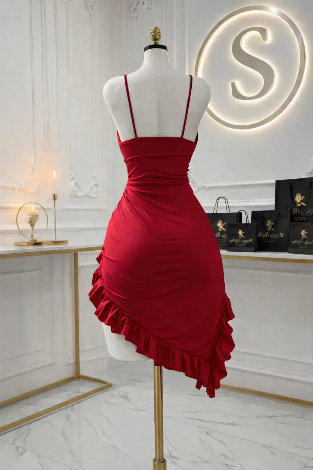 Robe courte fendue à volants avec rose